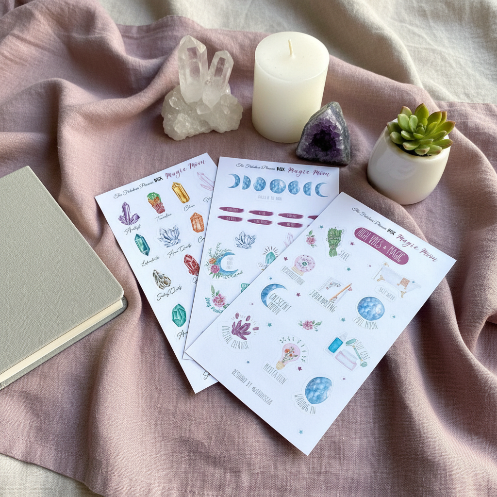 Three 4x6 inch Magic Moon planner sticker sheets arranged on soft pink fabric beside crystals, a candle, a small plant, and a notebook — for Carpe Diem Dream