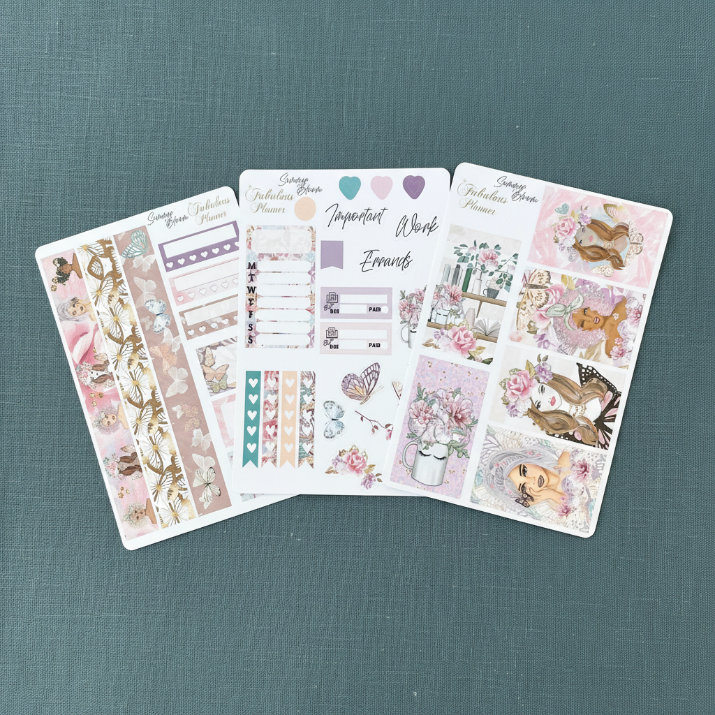 Close-up view of three Miss Butterfly 4x6 planner sticker sheets in soft pink floral and butterfly designs displayed against a muted teal textured background. — for Carpe Diem Dream