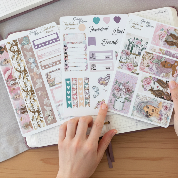 Hands holding three Miss Butterfly 4x6 planner sticker sheets over an open notebook on a wooden desk with pink flowers nearby. — for Carpe Diem Dream