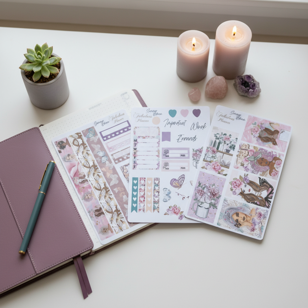 Three Miss Butterfly 4x6 planner sticker sheets arranged beside a mauve journal and pen with candles, crystals, and succulent in soft natural light. — for Carpe Diem Dream