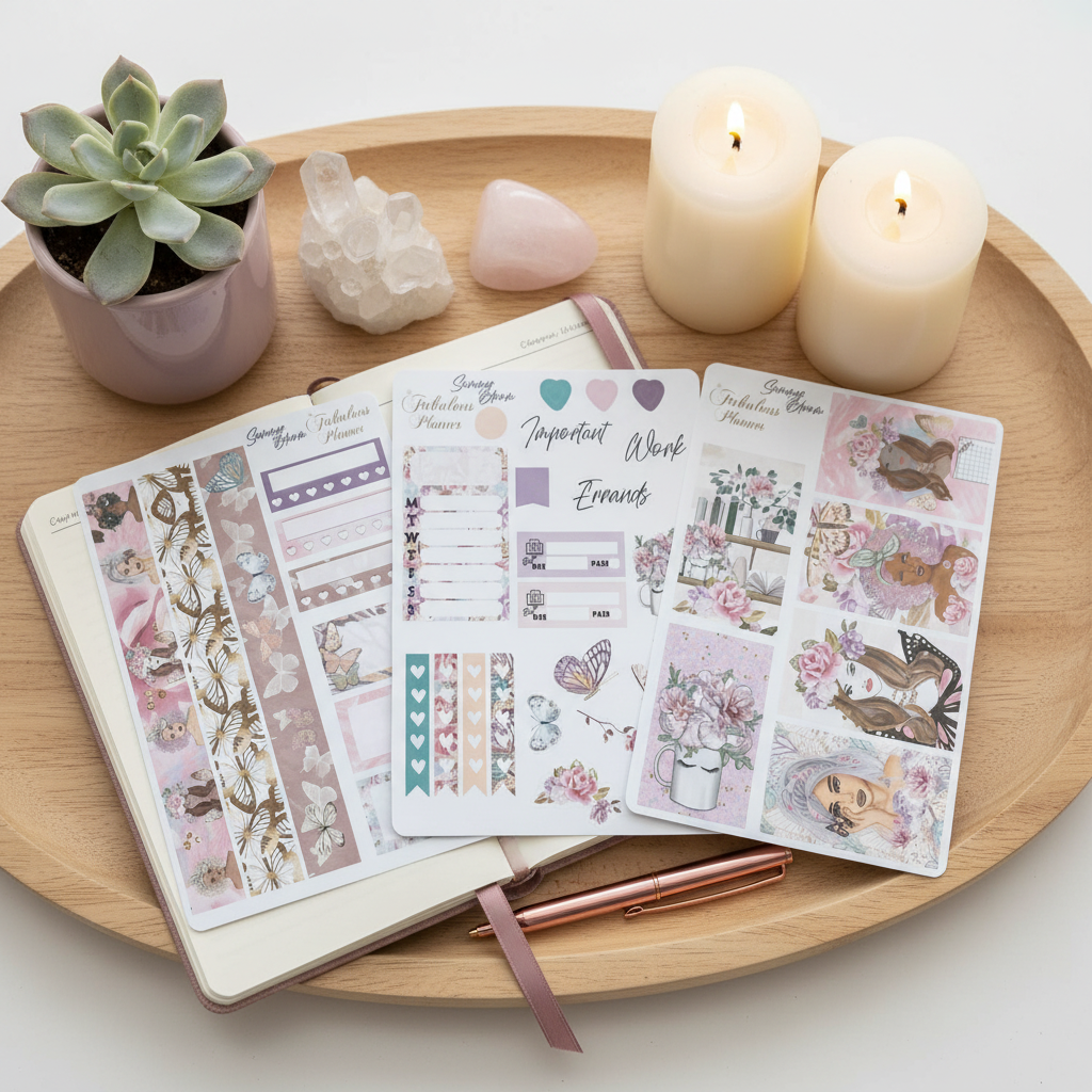 Three Miss Butterfly 4x6 planner sticker sheets arranged on a wooden tray with candles, crystals, succulent, and journal in soft natural light. — for Carpe Diem Dream