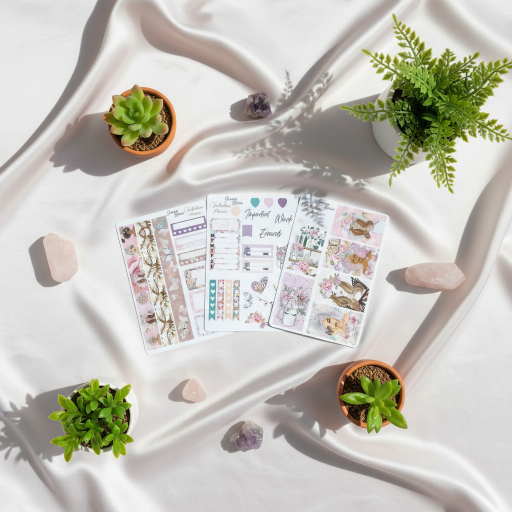 Three Miss Butterfly 4x6 planner sticker sheets arranged on softly draped ivory fabric with small succulents and rose quartz accents in natural light. — for Carpe Diem Dream
