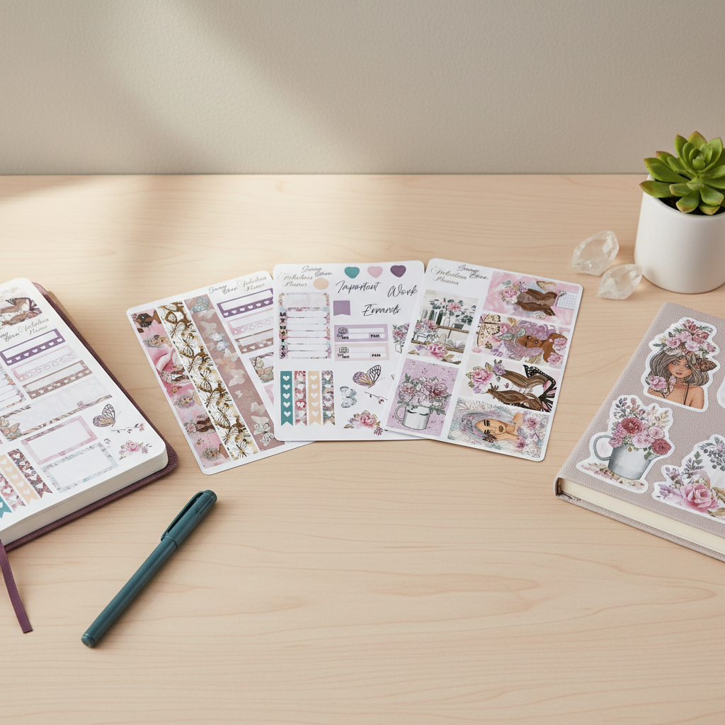Three Miss Butterfly 4x6 planner sticker sheets arranged on a wooden desk beside an open planner, pen, crystals, and decorative stickers in soft natural light. — for Carpe Diem Dream