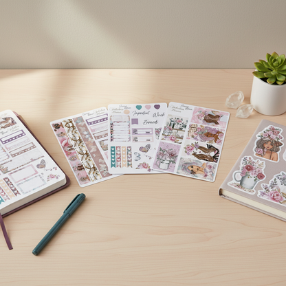 Three Miss Butterfly 4x6 planner sticker sheets arranged on a wooden desk beside an open planner, pen, crystals, and decorative stickers in soft natural light. — for Carpe Diem Dream