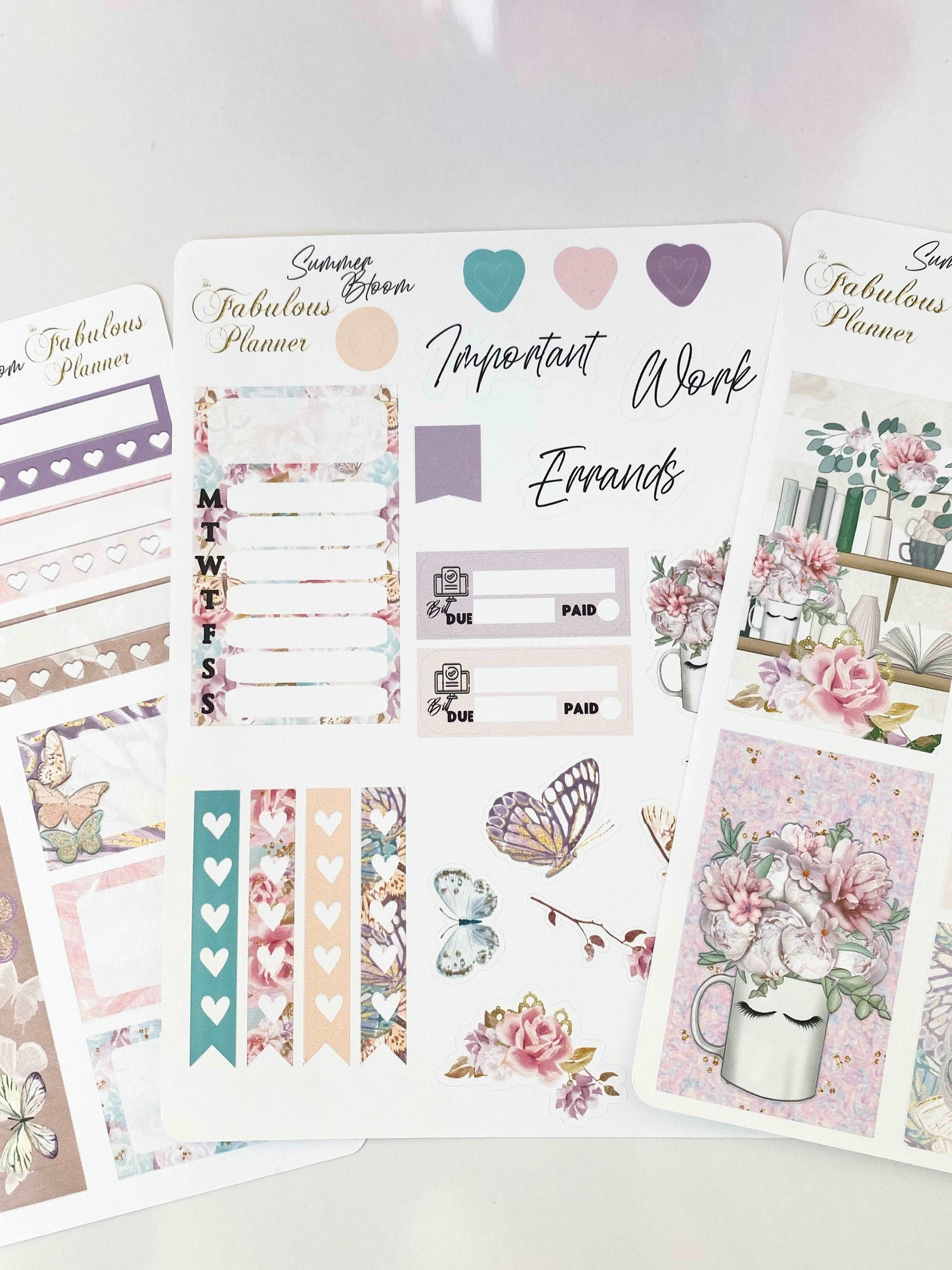 Close view of three Miss Butterfly 4x6 planner sticker sheets with pastel floral, butterfly, and planning designs on a white background. — for Carpe Diem Dream