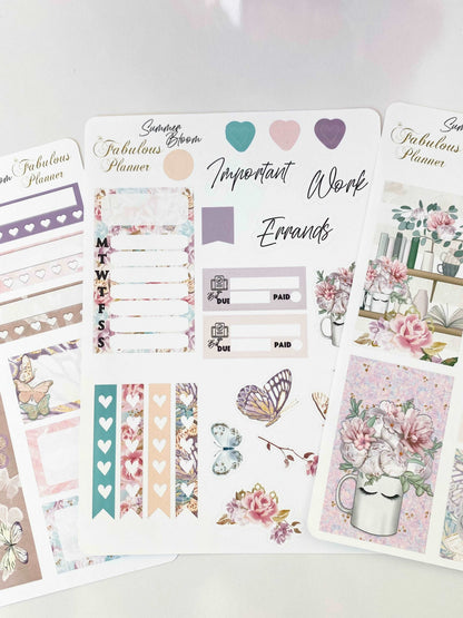 Close view of three Miss Butterfly 4x6 planner sticker sheets with pastel floral, butterfly, and planning designs on a white background. — for Carpe Diem Dream
