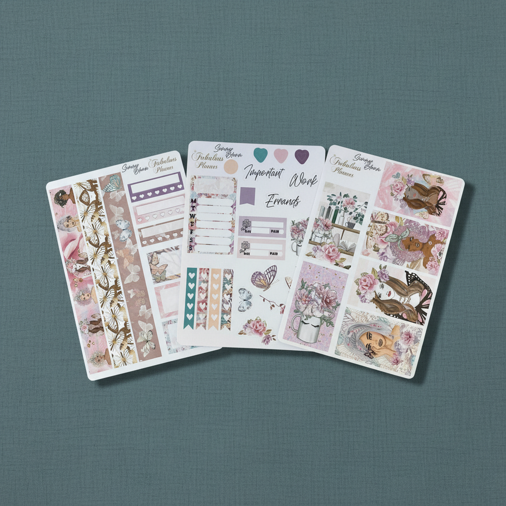 Three 4x6 inch Miss Butterfly planner sticker sheets in soft pink floral designs displayed together on a transparent background. — for Carpe Diem Dream