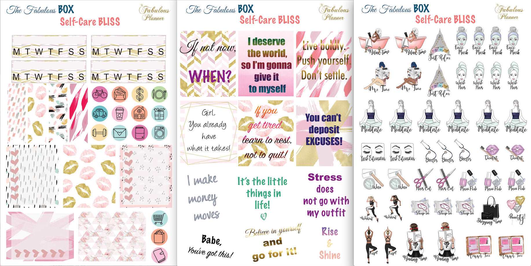 Close view of three 4x6 inch self care planner sticker sheets displaying motivational quotes, icons, and illustrated wellness designs on a white background. — for Carpe Diem Dream