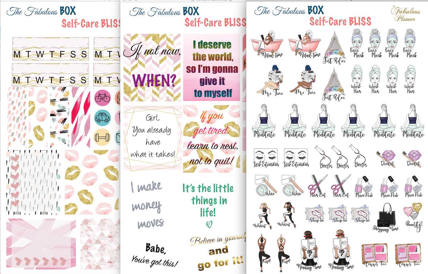 Three 4x6 inch self care planner sticker sheets featuring motivational quotes, icons, and wellness illustrations on a white background. — for Carpe Diem Dream