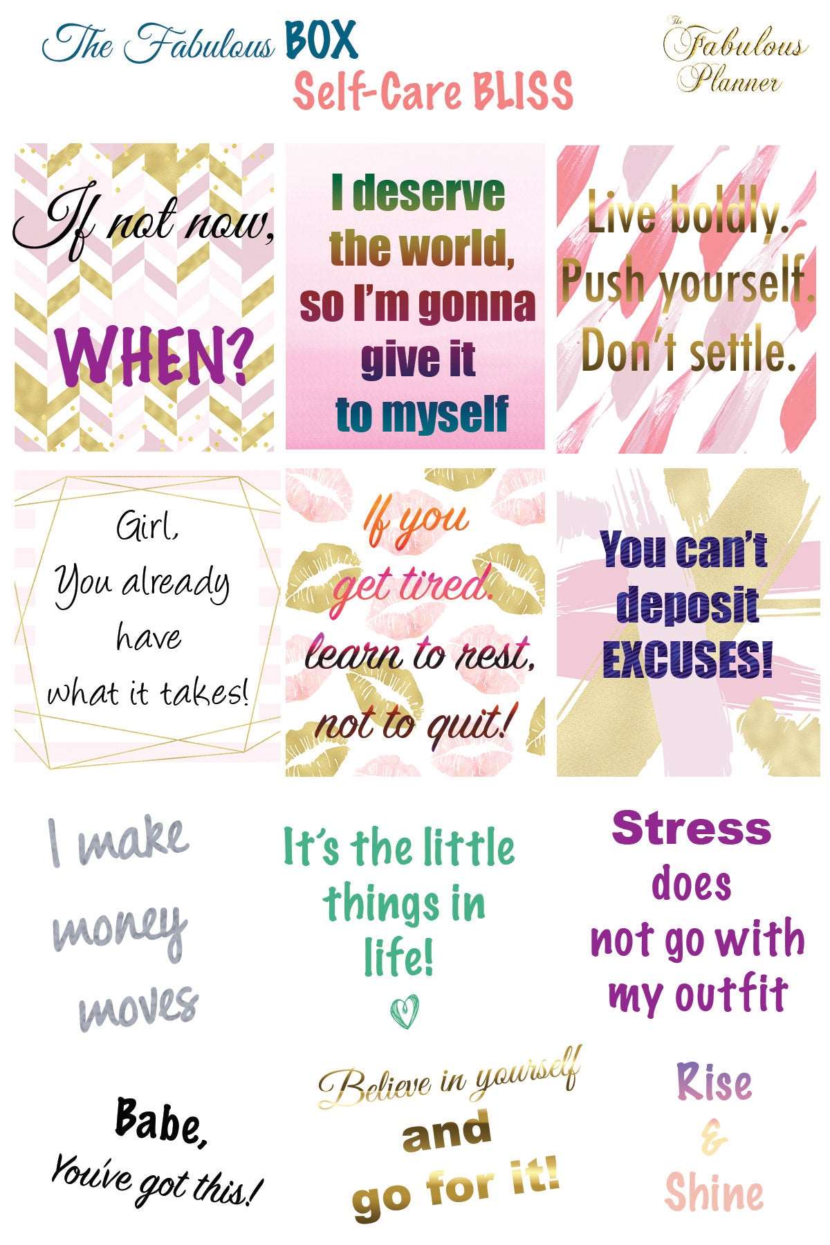 Single 4x6 inch self care planner sticker sheet featuring motivational quotes in pastel colors on a white background. — for Carpe Diem Dream