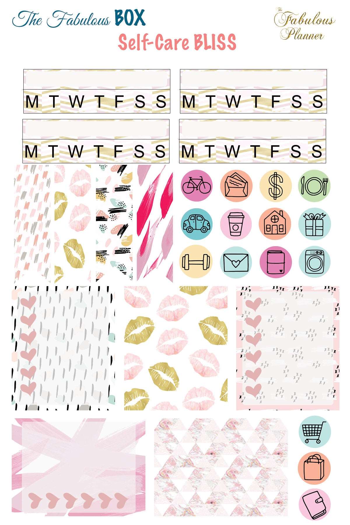 Single 4x6 inch self care planner sticker sheet featuring weekday trackers, decorative patterns, and pastel icon stickers on a white background. — for Carpe Diem Dream