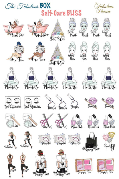 Single 4x6 inch self care planner sticker sheet featuring illustrated wellness icons including yoga poses, spa elements, and motivational text on a white background. — for Carpe Diem Dream