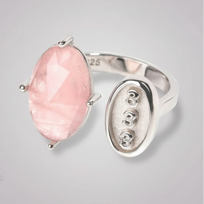 Rose quartz and silver 333 angel number ring centered on a soft studio surface with natural shadow. — for Carpe Diem Dream