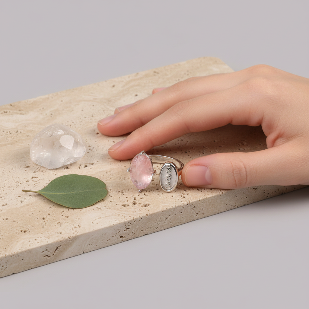 Hand touching rose quartz and silver 333 angel number ring on a stone slab with crystals and soft studio light. — for Carpe Diem Dream