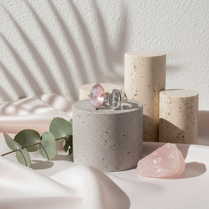 Silver and rose quartz 333 angel number ring displayed on a stone pedestal with eucalyptus and soft textured light. — for Carpe Diem Dream