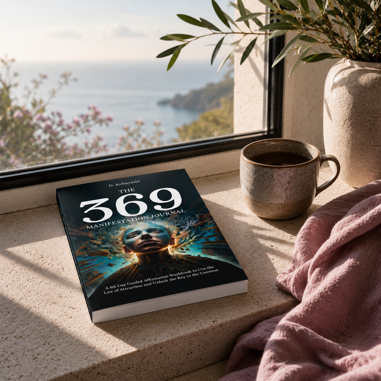 The 369 Manifestation Journal paperback by D. Kobayashi displayed on a limestone windowsill beside a ceramic mug and soft mauve linen, with a serene coastal horizon beyond the window and cool natural light creating an atmosphere of intention, manifestation, and future possibility — for Carpe Diem Dream