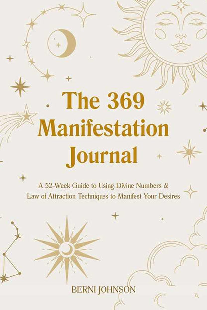 The 369 manifestation journal book cover with gold celestial design displayed upright on a clean neutral background. — for Carpe Diem Dream