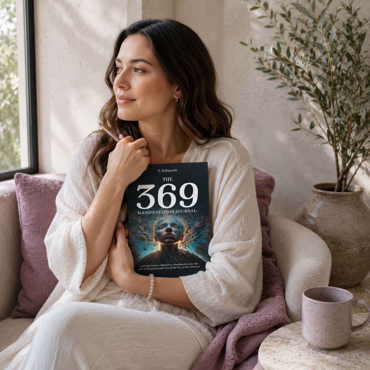 The 369 Manifestation Journal paperback by D. Kobayashi held close during a reflective manifestation practice, with a pen in hand, soft mauve textiles, limestone textures, and cool natural window light creating a calm atmosphere for intention setting and personal transformation — for Carpe Diem Dream