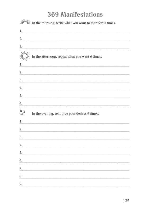 An inside page of the 369 manifestation journal showing morning, afternoon, and evening writing prompts with structured numbered lines on a clean layout. — for Carpe Diem Dream