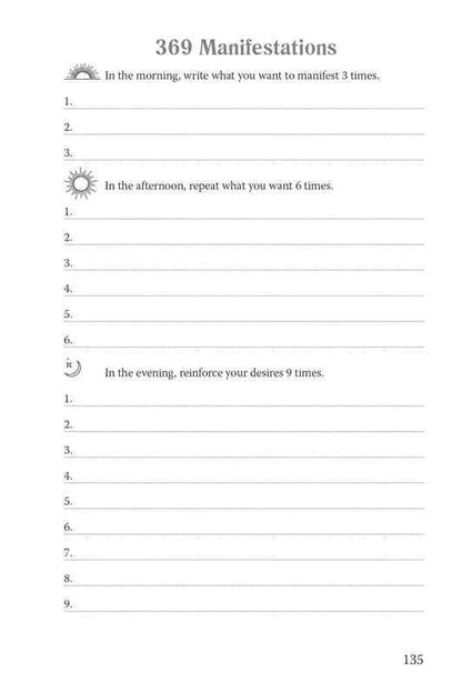 An inside page of the 369 manifestation journal showing morning, afternoon, and evening writing prompts with structured numbered lines on a clean layout. — for Carpe Diem Dream