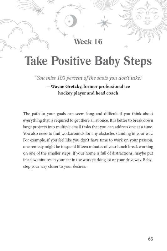 An inside page of the 369 manifestation journal featuring a motivational prompt titled “Take Positive Baby Steps” with structured reflection text on a clean layout. — for Carpe Diem Dream