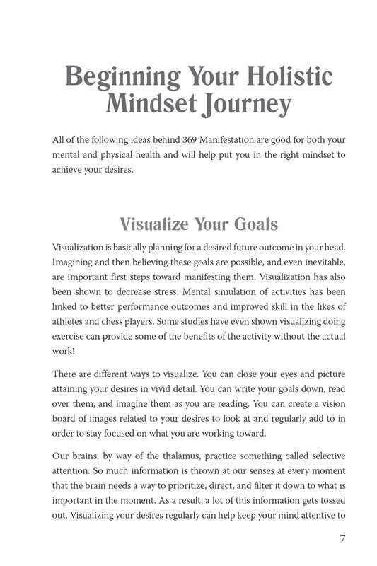 An inside page of the 369 manifestation journal titled “Beginning Your Holistic Mindset Journey” with a section on visualizing goals and structured guidance text on a clean layout. — for Carpe Diem Dream