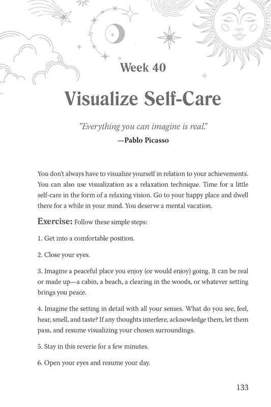An inside page of the 369 manifestation journal titled “Visualize Self-Care” with guided reflection text and a clean structured layout. — for Carpe Diem Dream