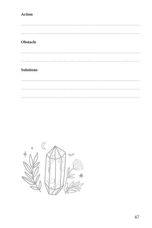 An inside worksheet page of the 369 manifestation journal featuring sections for action, obstacles, and solutions with lined writing space and a crystal illustration at the bottom on a clean layout. — for Carpe Diem Dream