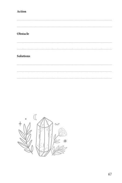An inside worksheet page of the 369 manifestation journal featuring sections for action, obstacles, and solutions with lined writing space and a crystal illustration at the bottom on a clean layout. — for Carpe Diem Dream