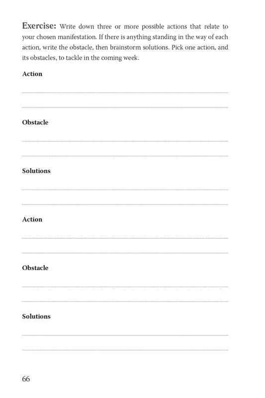 An inside worksheet page of the 369 manifestation journal featuring sections for action, obstacles, and solutions with lined spaces for writing on a clean layout. — for Carpe Diem Dream