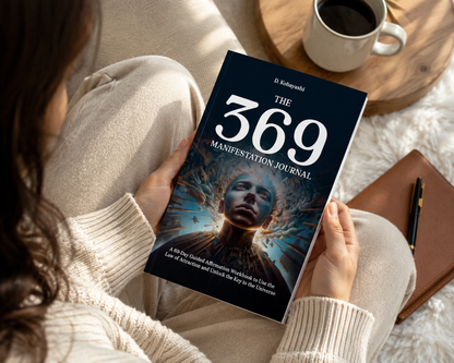 The 369 Manifestation Journal paperback by D. Kobayashi displayed in a calm manifestation ritual setting with cool natural light, soft mauve textiles, and intentional workspace styling, supporting daily affirmations, goal setting, and Law of Attraction practices — for Carpe Diem Dream