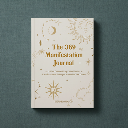 A 369 manifestation journal with gold celestial design displayed upright on a muted teal textured background with soft natural lighting. — for Carpe Diem Dream