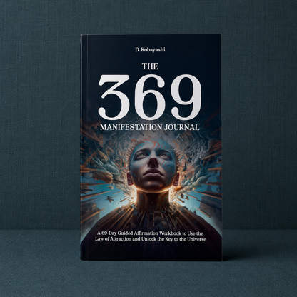 The 369 Manifestation Journal paperback by D. Kobayashi displayed upright on a dark teal linen background featuring a 69-day guided manifestation program with affirmations, reflection prompts, and Law of Attraction exercises for abundance and intentional living — for Carpe Diem Dream