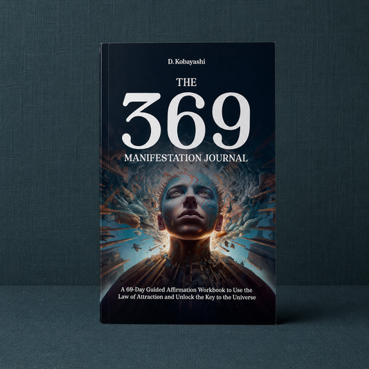 The 369 Manifestation Journal paperback by D. Kobayashi displayed upright on a dark teal linen background featuring a 69-day guided manifestation program with affirmations, reflection prompts, and Law of Attraction exercises for abundance and intentional living — for Carpe Diem Dream