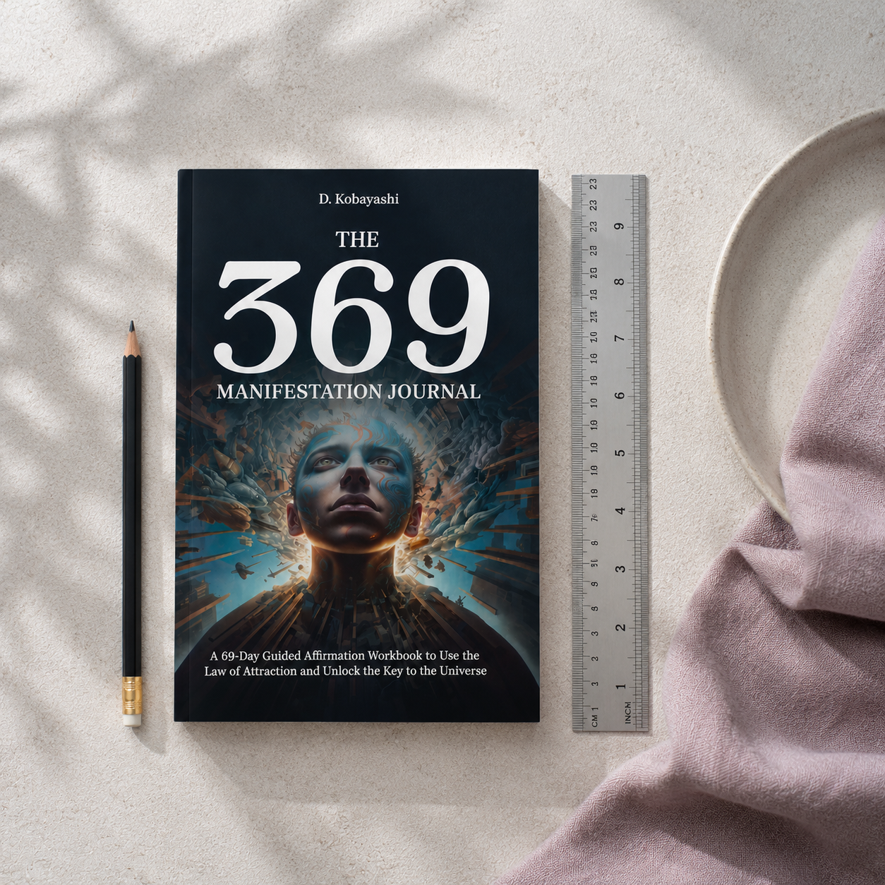 The 369 Manifestation Journal paperback by D. Kobayashi shown from above beside a standard pencil and ruler, demonstrating the journal's true 6 × 9 inch size and realistic paperback proportions in a cool-toned editorial setting — for Carpe Diem Dream