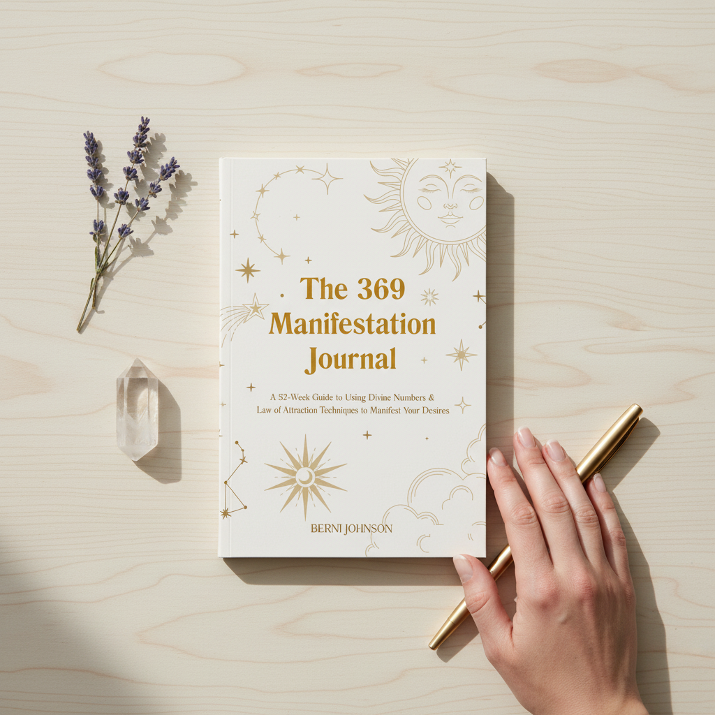 A 369 manifestation journal with gold celestial design displayed on a light wood surface with a hand resting beside it, a pen, and a small crystal in soft natural light. — for Carpe Diem Dream