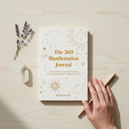 A 369 manifestation journal with gold celestial design displayed on a light wood surface with a hand resting beside it, a pen, and a small crystal in soft natural light. — for Carpe Diem Dream
