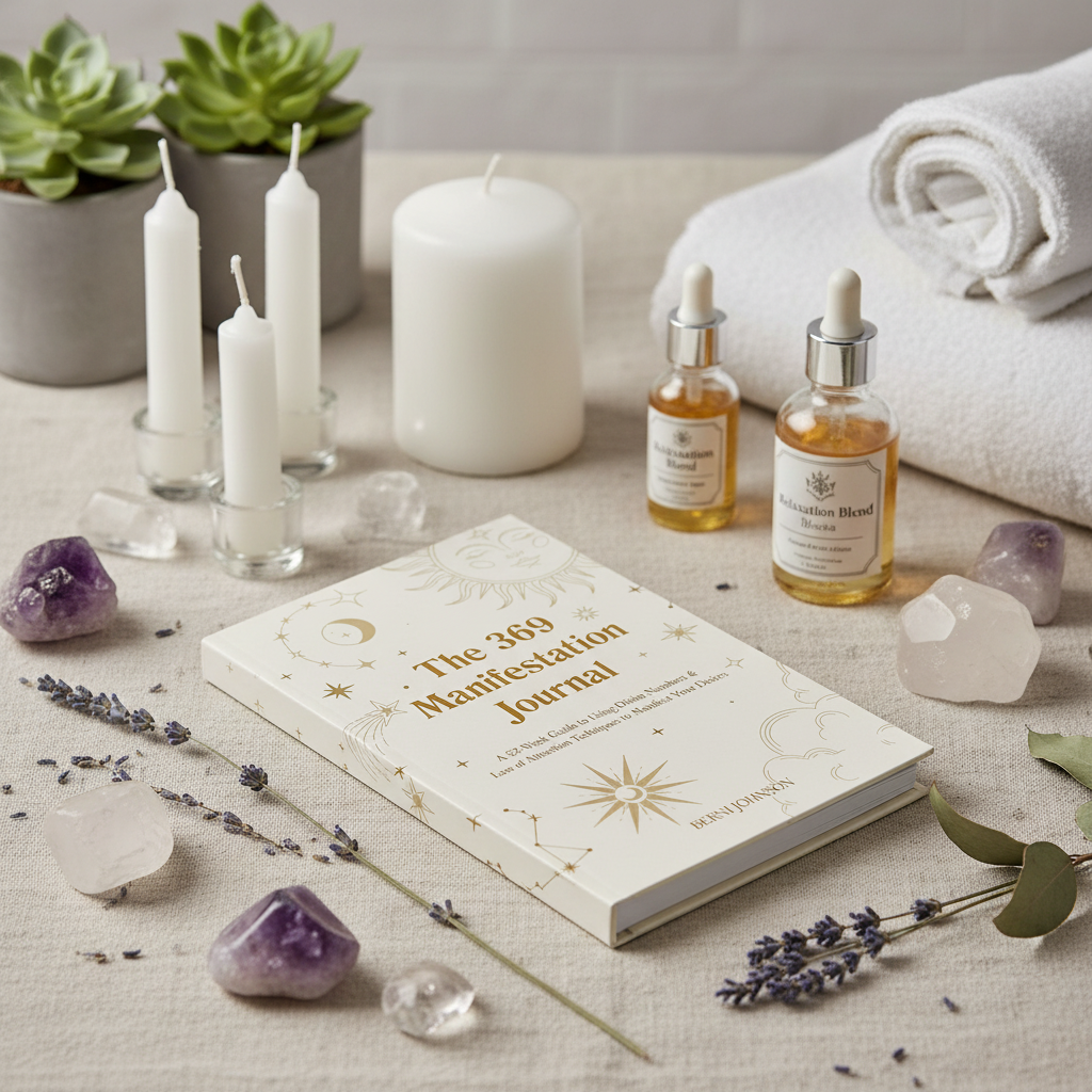 A 369 manifestation journal with gold celestial design displayed on a soft neutral fabric surrounded by candles, skincare bottles, crystals, and lavender in warm natural light. — for Carpe Diem Dream