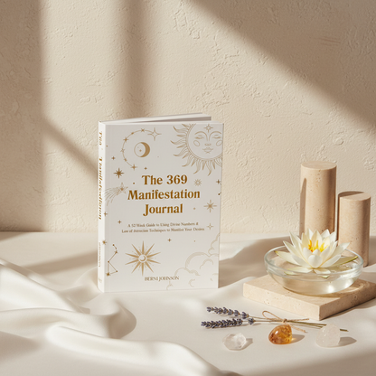 A 369 manifestation journal with gold celestial design displayed on a soft neutral fabric with a glass bowl, candles, and small crystals in warm natural light. — for Carpe Diem Dream