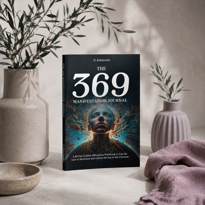 The 369 Manifestation Journal paperback by D. Kobayashi displayed upright on a soft linen surface with subtle botanical shadows, cool natural light, and refined editorial styling that highlights the manifestation workbook's focus on intention, abundance, and personal transformation — for Carpe Diem Dream