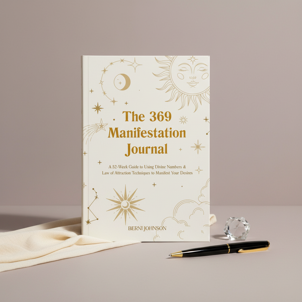 A 369 manifestation journal with gold celestial design displayed upright on a soft neutral surface with a pen and gentle fabric in warm natural light. — for Carpe Diem Dream