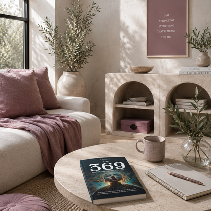 The 369 Manifestation Journal paperback by D. Kobayashi displayed on a limestone coffee table within a bright home sanctuary featuring mauve textiles, natural greenery, a ceramic mug, and cool natural light, illustrating a lifestyle of manifestation, reflection, and intentional living — for Carpe Diem Dream