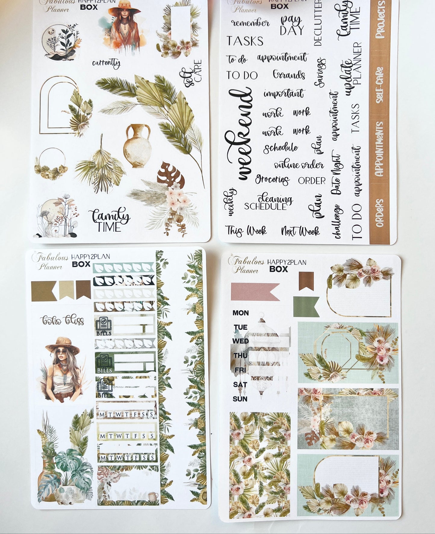 Four 4x6 boho chic happy planner matte sticker sheets featuring fashion illustrations and functional planning elements on a white background. — for Carpe Diem Dream