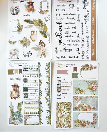 Four 4x6 boho chic happy planner matte sticker sheets featuring fashion illustrations and functional planning elements on a white background. — for Carpe Diem Dream