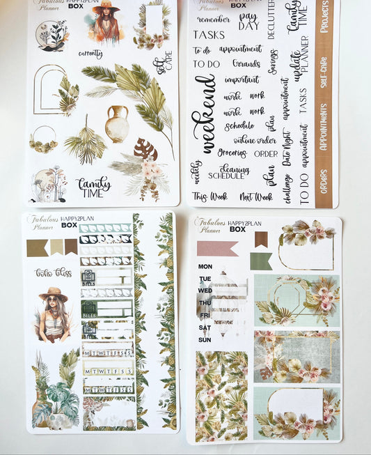 Four 4x6 boho chic happy planner matte sticker sheets featuring fashion illustrations and functional planning elements on a white background. — for Carpe Diem Dream