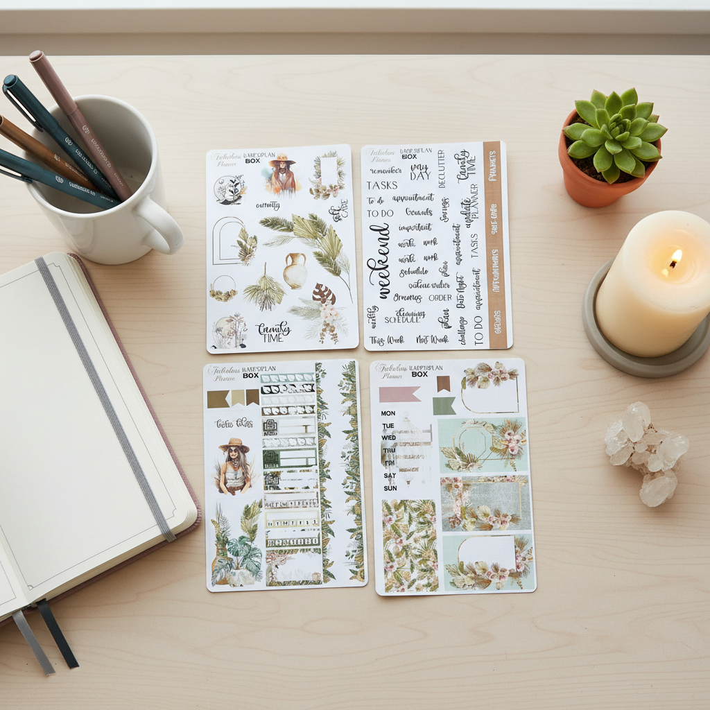 Four 4x6 boho chic happy planner matte sticker sheets arranged on a light wood desk with a lit candle, crystal cluster, notebook, and small succulent. — for Carpe Diem Dream