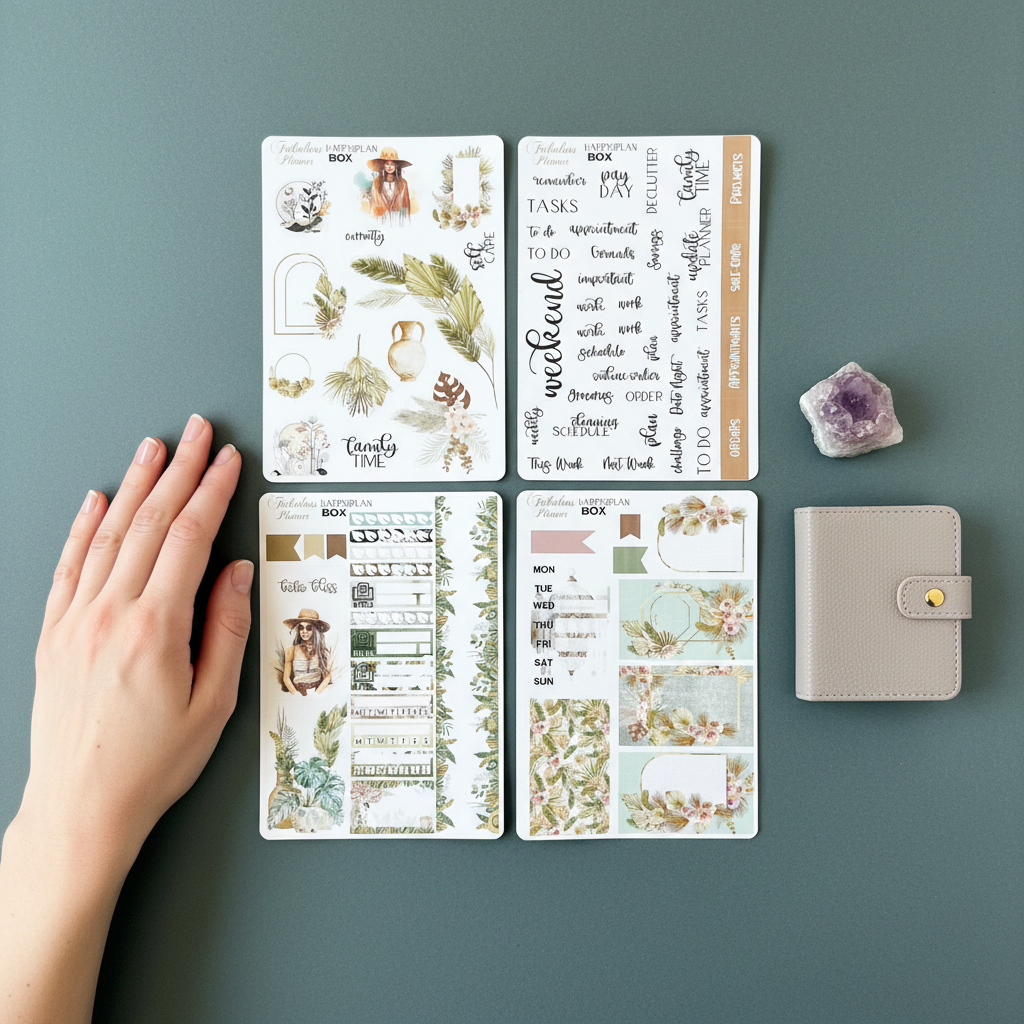 Four 4x6 boho chic happy planner matte sticker sheets arranged on a green background with a hand for scale, a small planner, and an amethyst crystal. — for Carpe Diem Dream