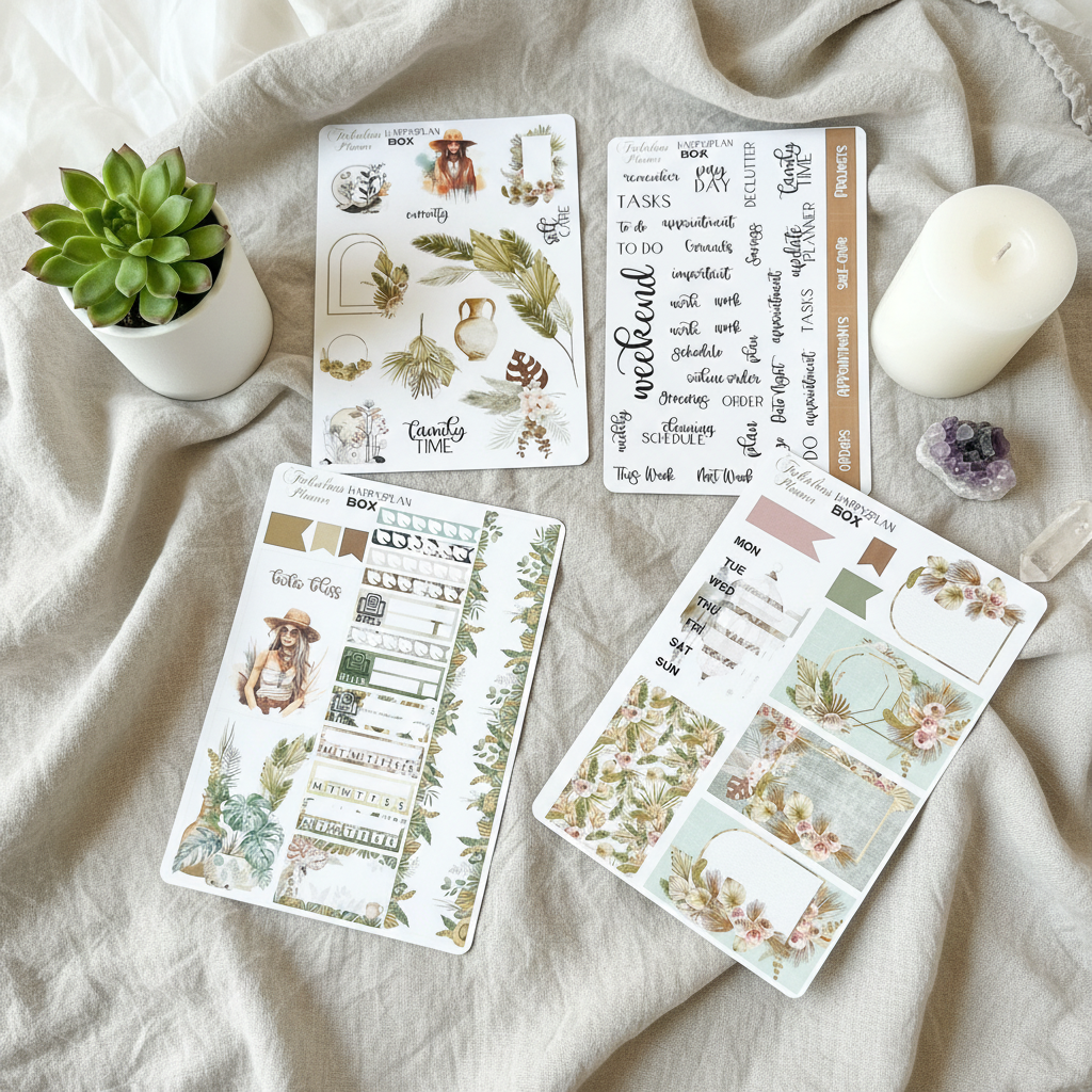 Four 4x6 boho chic happy planner matte sticker sheets styled on neutral linen fabric with a candle, crystal, and small succulent. — for Carpe Diem Dream