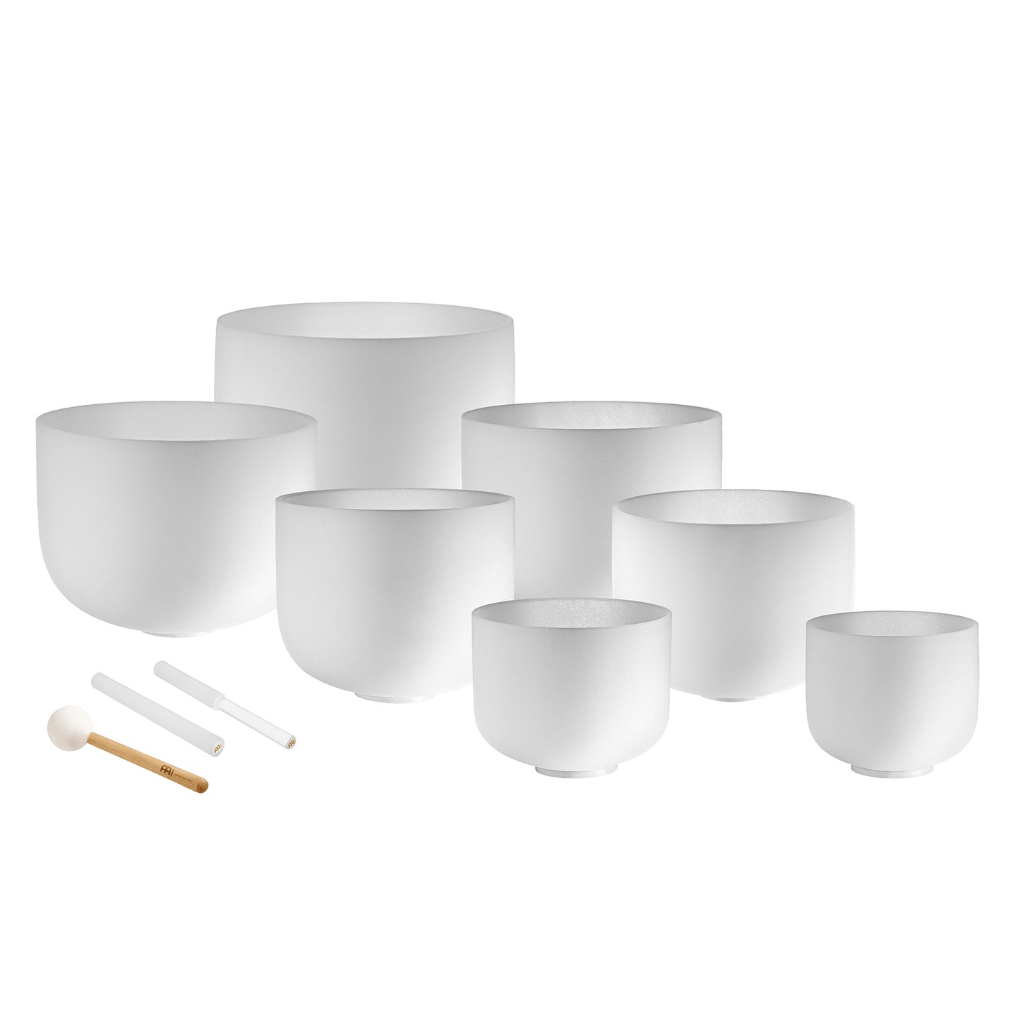 Seven white frosted crystal singing bowls in sizes 14 inch through 8 inch with three mallets and silicone rings displayed on a transparent background — for Carpe Diem Dream