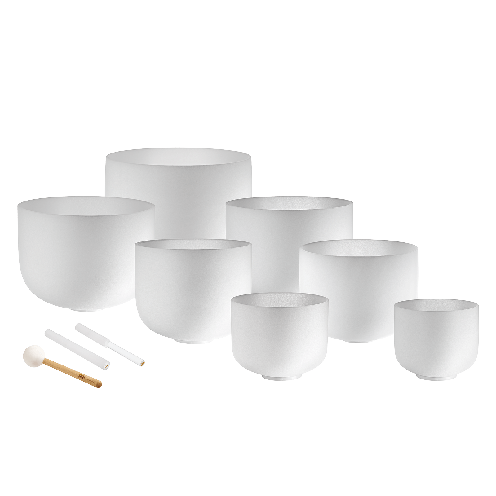 Seven white frosted crystal singing bowls in sizes 14 inch through 8 inch with three mallets and silicone rings displayed on a transparent background — for Carpe Diem Dream